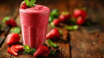 Close Up Of A Fresh Pink Strawberry Smoothie With Mint On A Wooden Table photo