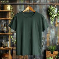 Green T-Shirt Hanging on Wooden Hanger in Rustic Setting photo