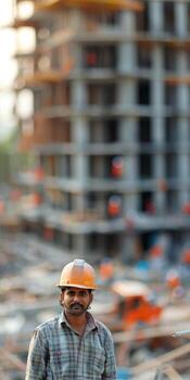 Construction Worker Looking at Camera in Front of Unfinished Building photo