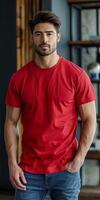 Man Wearing Red T-Shirt Stands In A Room With A Wooden Shelving Unit photo