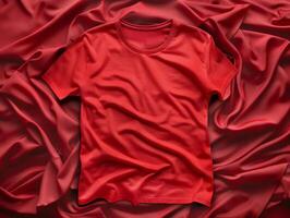Red T-Shirt Lying on Red Fabric Background photo