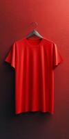 Red T-Shirt Hanging On A Hanger Against A Red Wall photo