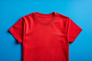 Red Short Sleeve T-Shirt Flat Lay on Blue Background photo
