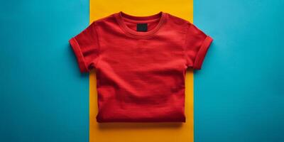 Red T-Shirt Folded on Blue and Yellow Background photo