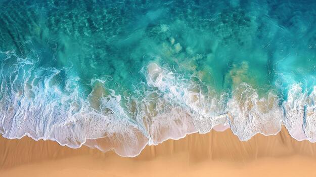Aerial View of Turquoise Ocean Waves Crashing on a Sandy Beach photo