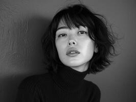 Asian Woman With Bangs in Black and White photo