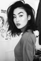 Asian Woman With Long Hair in Black and White photo