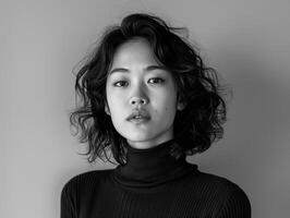 Curly-Haired Asian Woman in Black and White photo