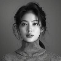 Black and White Portrait of Woman in Turtle Neck Sweater photo