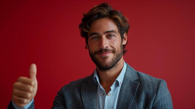 hombre dando pulgares arriba en rojo antecedentes foto