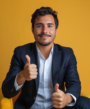 hombre sentado en silla dando pulgares arriba foto