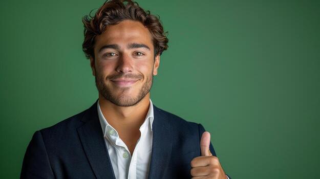 hombre dando pulgares arriba en contra verde antecedentes foto