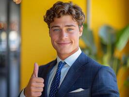 Businessman in Suit Giving Thumbs Up photo
