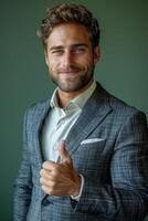 Businessman in Suit Giving Thumbs Up photo