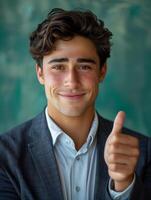 Man Giving Thumbs Up in Front of Chalkboard photo