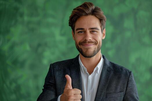 sonriente hombre dando pulgares arriba en contra verde antecedentes foto