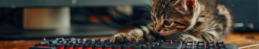 Tabby Cat Using a Computer photo