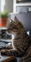 Tabby Cat Using Computer photo