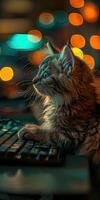 Cat Using a Computer at Night photo