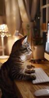 Cat Using Computer at Desk photo