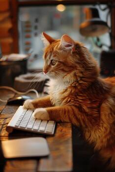 jengibre gato utilizando teclado foto