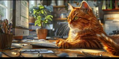 Orange Cat Using a Computer photo