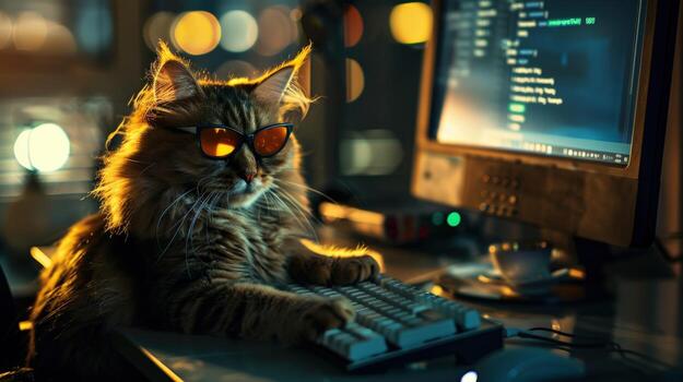 gato vistiendo Gafas de sol usos computadora foto