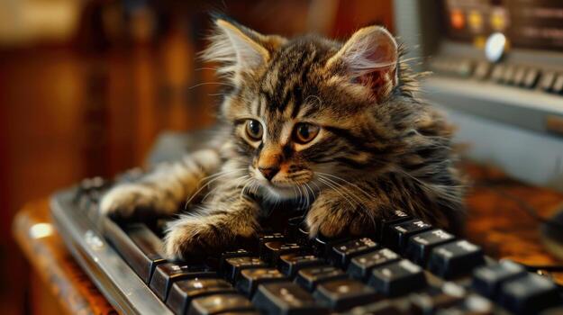 atigrado gato utilizando un computadora foto