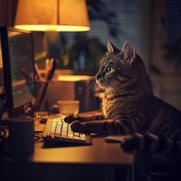 Tabby Cat Uses Computer At Night photo