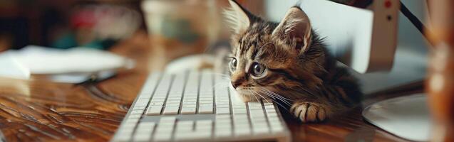 Tabby Cat Using Computer photo