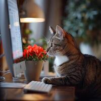 Cat Uses Computer at Home photo