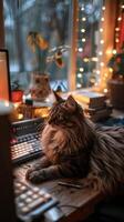 Cat Using Computer Near Window photo