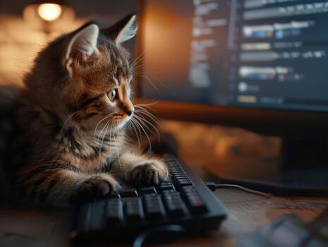 atigrado gatito utilizando computadora teclado foto