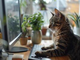 Tabby Cat Using a Computer photo