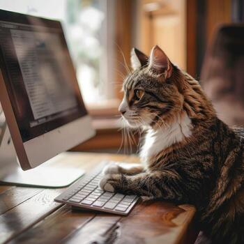 gato usos computadora en escritorio foto