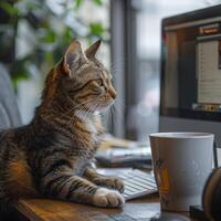 Tabby Cat Using Computer photo