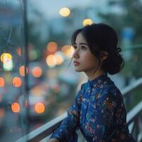 Vietnamese Woman in Traditional Dress Looking Out Window photo