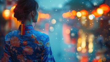Vietnamese Woman in Ao Dai, Looking at City Lights photo