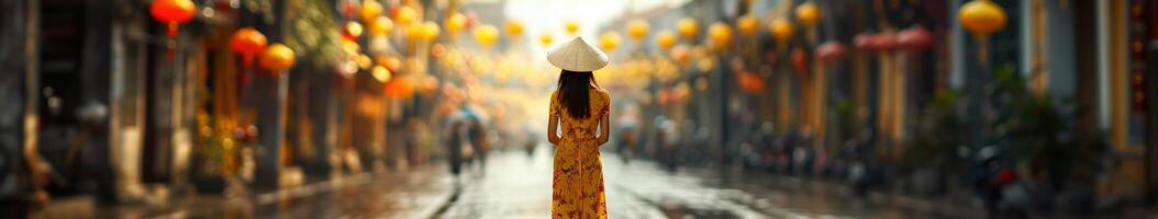Vietnamese Woman In Traditional Dress Walking Through Hoi An photo