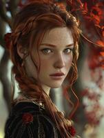 Red-Haired Woman Posing in Forest photo