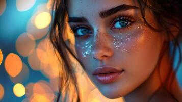 Closeup Portrait of a Woman With Glitter on Her Cheeks photo