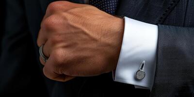 Man Adjusting Cufflinks With Diamond Detail photo