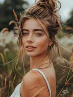Woman With Messy Bun in a Field photo