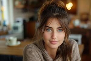 Woman With Blue Eyes Smiling in a Cafe photo
