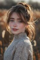 Woman in Grey Sweater With Hair in a Ponytail photo
