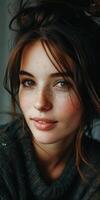 Woman With Freckles Smiles in Close-Up Portrait photo