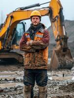 Construction Worker Posing With Excavator photo