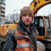 Construction Worker Posing by Excavator photo