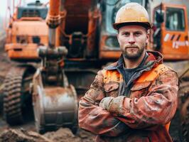 Construction Worker Posing With Excavator photo