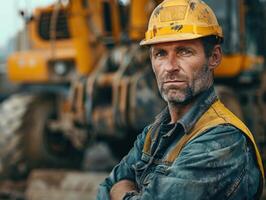 Construction Worker Posing With Excavator photo